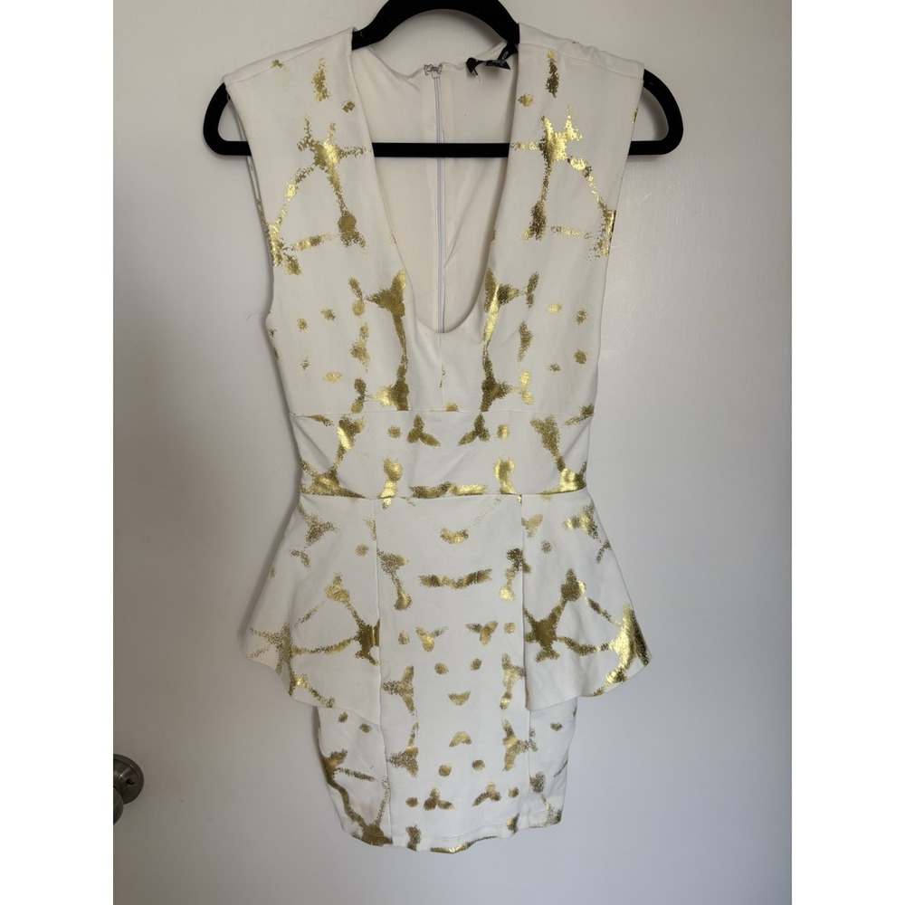 Beautiful Bebe  White & Gold Peplum  Lined Dress XS Celebrity Fave🔥 - Picture 5 of 16